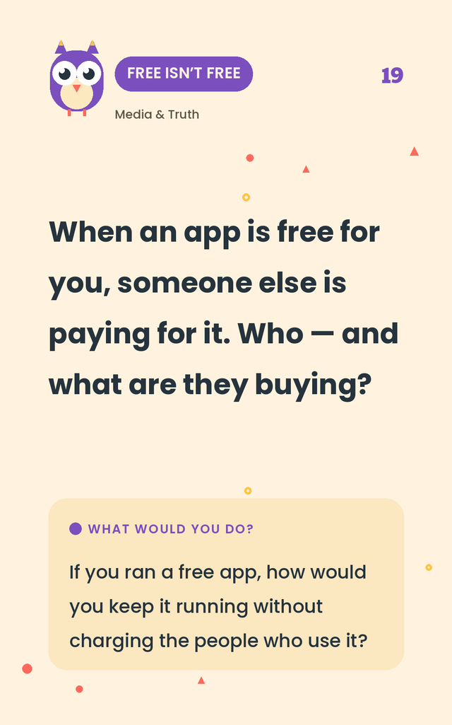 A real Media & Truth question card: when an app is free, who is paying?