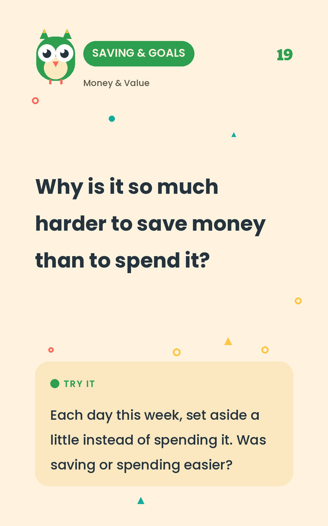 A real Money & Value question card: why is it harder to save than to spend?